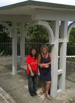 Windie Chui and I at the Umbrella Seat where sedan chair carriers rested before reaching the top.